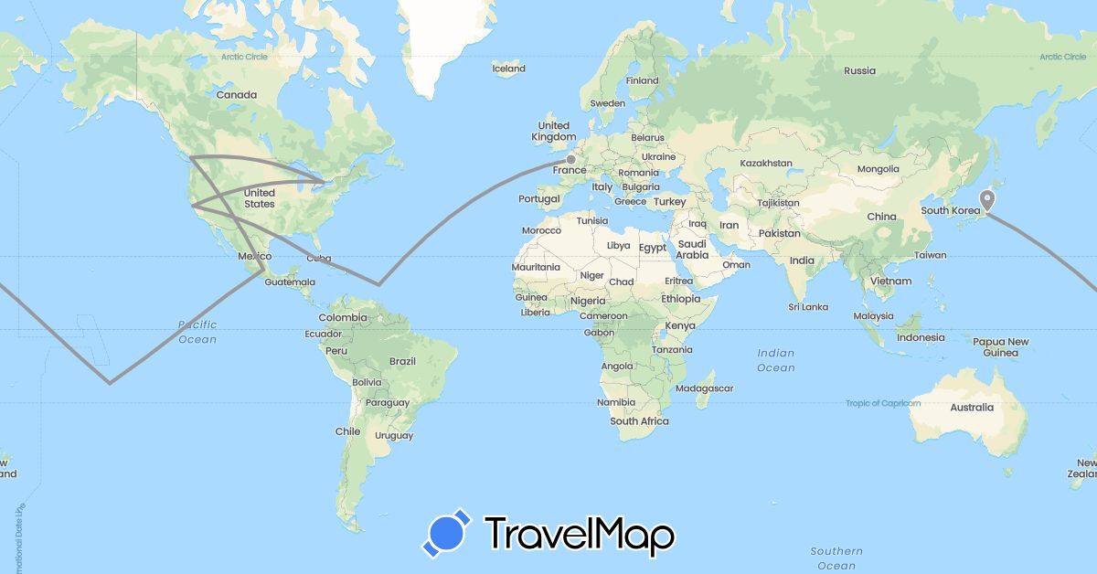 TravelMap itinerary: driving, plane in Canada, Cuba, France, Japan, Mexico, United States (Asia, Europe, North America)